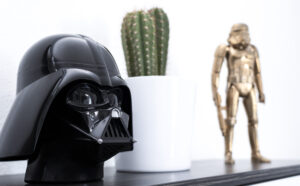 Ein Bild, auf welchem links und rechts Star Wars-Figuren zu sehen sind. Die Linke zeigt einen schwarzen großen Kopf einer Figur, während die Rechte eine goldene, kleinere Figur darstellt. Dazwischen befindet sich ein Kaktus.